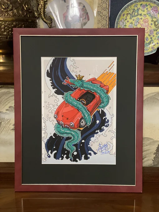 新作のアルファロメオのイラストを和紙にプリントした物が届いたので額装しました 作品展の会場にも持っていきます!