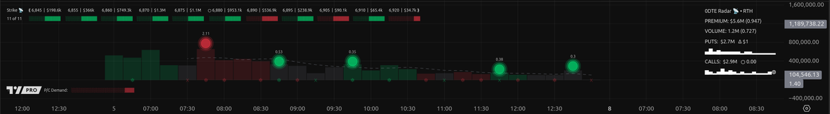 Code complete! ✅ 

Ready for live testing into the new week.

New Put / Call Premium ⚡Spike Detection. Histogram bars are marked with a ❇ to denote a premium spike.

New meter in the lower-left corner displays session cumulative P/C demand.

All Real-Time!