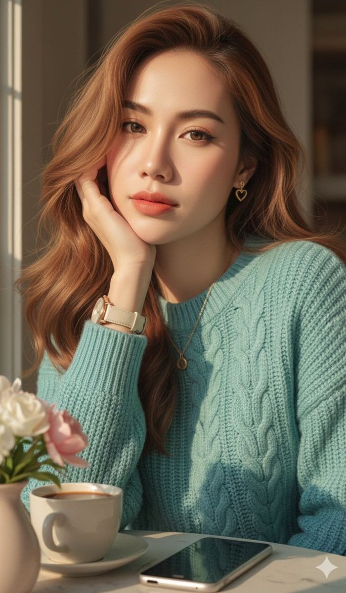 GD Morning 𝕏 Fam 🌞

Quiet moments, coffee, and a little bit of golden hour glow.

Prompt ⬇️

65A photorealistic portrait of a young woman with long, wavy brunette hair resting her chin gently on her hand. She is wearing a cozy, teal cable-knit sweater and a wristwatch with a