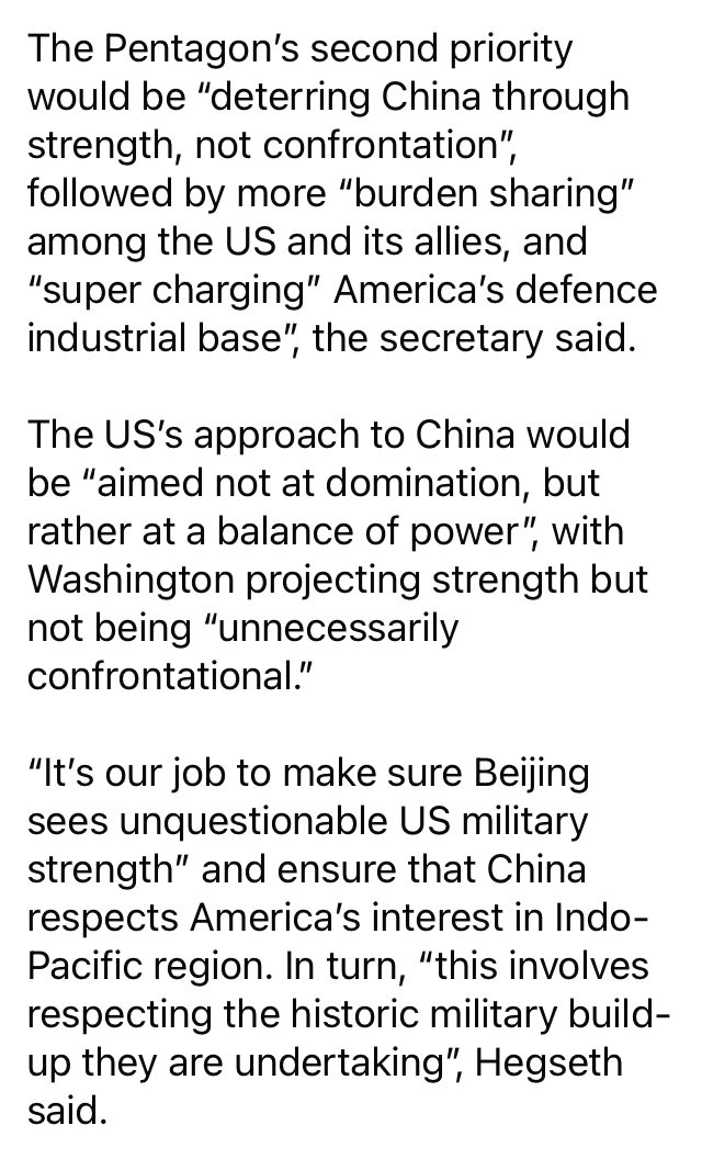 From Hegseth’s latest speech. Game over in Indo-Pac. 
Posturing etc will continue ofc, but “containment” has now failed and now we’re in Kissingerian terrain of co-existence / co-evolution. New era, new &amp; different strategic script. Allies beware.