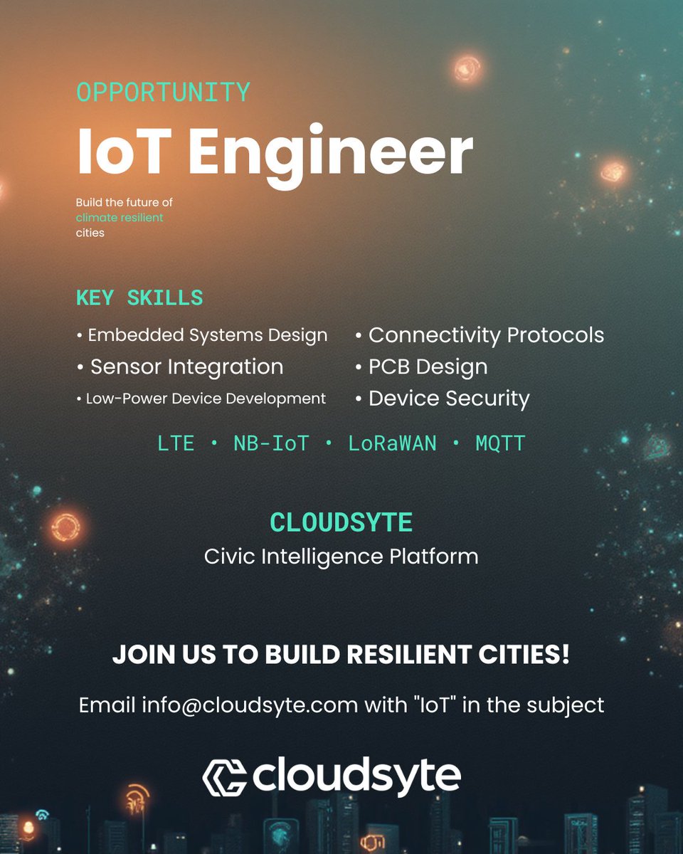 We're looking for an IoT Engineer to help cities build resilience. Cloudsyte is a civic intelligence platform helping municipalities use data to protect communities from flooding, heat, poor air quality, &amp; other risks. #IoT #EmbeddedSystems #CivicTech #SmartCities #StartupJobs
