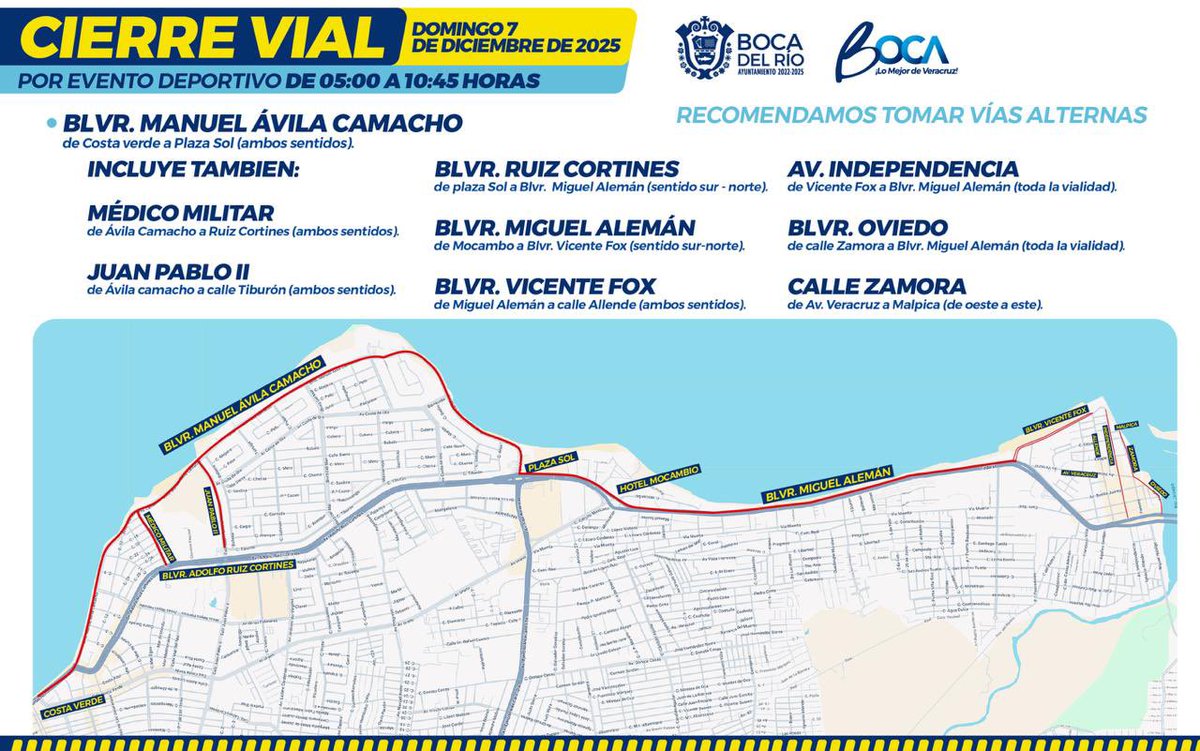 Por Evento Deportivo, este domingo 7 de diciembre estarán cerrados diferentes  puntos de nuestra ciudad. 🏃🏻‍♀️🏃🏻‍♂️

🕙 De 5:00 am a 10:45 am. 

Consulta la imagen y te sugerimos tomar vías alternas.