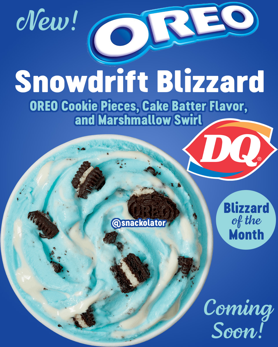 snackolator's tweet image. I'm trying ANY OREO Blizzard, but this new Snowdrift Blizzard *looks* perfect for winter from Dairy Queen!

This is coming in January and features OREO cookies mixed with a cake batter flavor and then finished with a marshmallow swirl.

Are you going to give this one a try?