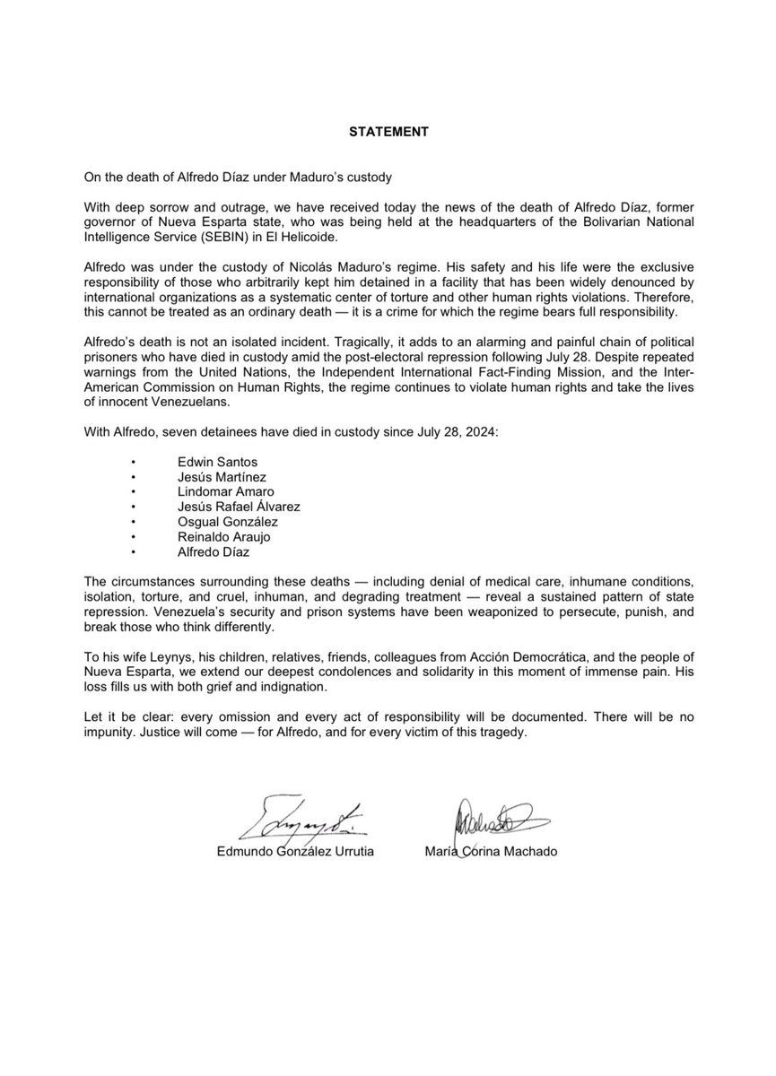 GLOBAL ALERT

Our fellow in the fight for freedom, Alfredo Díaz, has died in prison; another life taken by the criminal Maduro regime.

Our solidarity and prayers are with his family and loved ones. Venezuela stands with them in their grief.