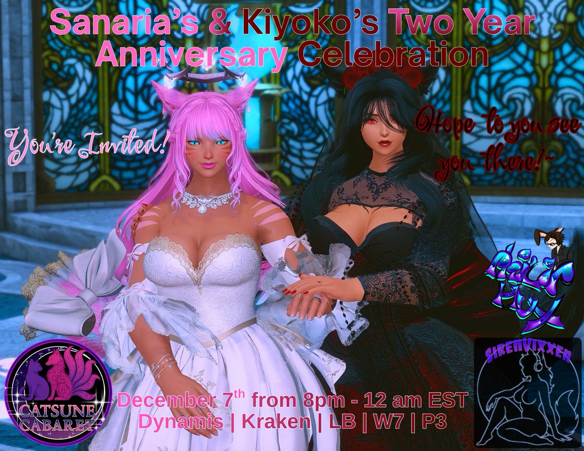 PrincessSanaria's tweet photo. Tomorrow is @LadyDespairity and I's Two Year Anniversary Celebration at Catsune Cabaret! Our Anniversary is December 9th so the actual ceremony will be on a later date. We are celebrating a little early this year!~ 💖💞💒

#GPOSER | #GPOSERS | #miqote | #ffxivvenues | #ffxivclub https://t.co/kimIe5D2eZ