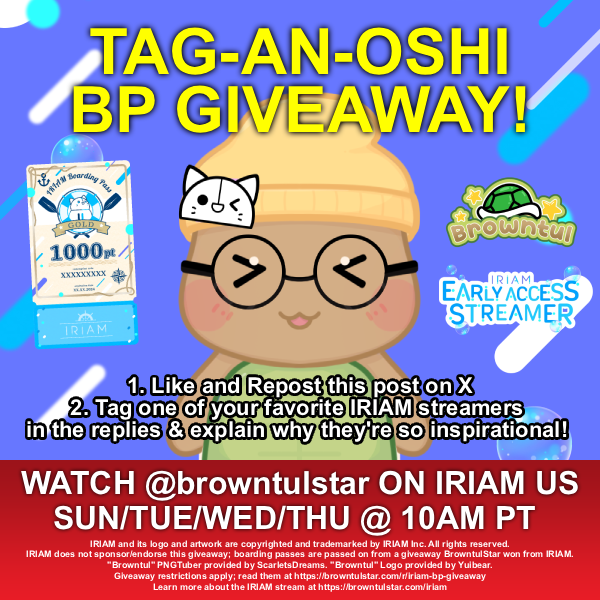 browntulstar's tweet photo. ⭐️ Tag-an-oshi BP Giveaway⭐️
I'm giving away 2 GOLD IRIAM Boarding Passes through the same method I did when I first debuted on @IRIAM_US as an #EarlyAccessStreamer!
Like and repost this post, then reply in the comments below by tagging one of your favorite streamers on the IRIAM US app. Don't forget to explain why they're so inspirational before you post your reply!
2 users with valid replies will have the chance to win 1,000 points that they can use on their favorite streamer!
ℹ️ Name: Tag-an-oshi BP Giveaway
🌐 Like+Repost, and reply by tagging one of your favorite streamers below and explain why they're inspirational!
📎 More info: https://t.co/rn6RXvfPYs
🗓️ Deadline: Dec 20th, 2025 at 11:59pm PT
- Note: This event passes on the boarding passes that Browntul won at the 1st year anniversary event for IRIAM US. While the boarding passes are genuine, IRIAM US does not sponsor or endorse this giveaway.
- There are more ways to win boarding passes. Stay tuned in the next few days for other ways you can enter.
