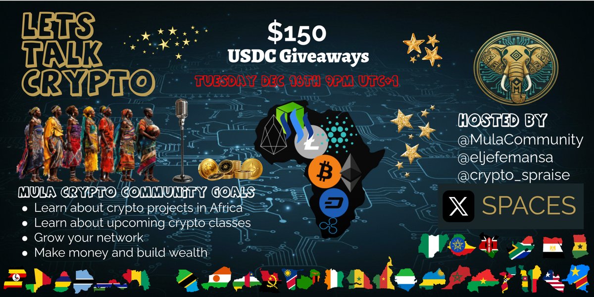 MulaCommunity's tweet image. It's finally here, Mula Crypto Africa 1st x-Spaces show. $150+ in giveaways, anticipating 200+ listers and some big projects and companies in Africa will be on to tell you about themselves. Also, free crypto classes coming up so tune in to learn more.