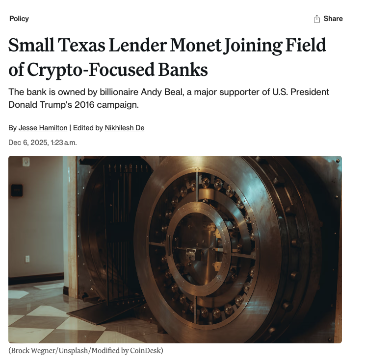 jacksage_'s tweet photo. A billionaire Trump ally is launching a federally chartered crypto bank called Monet Bank.

It’s joining a rapidly expanding pro-Bitcoin power network around Trump.

Here’s the Bitcoin & stablecoins monetary bloc:

• Strategy – direct personal ties between the Trumps and Saylor
• Cantor Fitzgerald – run by current Secretary of Commerce Howard Lutnick’s sons
• Tether – personal link through former White House official Bo Hines
• Twenty One Capital – backed by Trump allies like Cantor, SoftBank, and Tether
• Metaplanet – with Eric Trump as an advisor
• Strive - co-owned by Trump supporter Vivek Ramaswamy 
• Strike – run by Jack Mallers and supported by Cantor Fitzgerald

And the entities fully inside the Trump family orbit:
• World Liberty Financial
• American Bitcoin Corp.
• Trump Media & Technology Group

Monet Bank, a community bank in Texas with over $5B in total assets, joining this circle 

signals that Trump’s camp keeps actively building an alternative monetary order centered on Bitcoin and stablecoins.

And they haven’t given up.

The banking system sees what’s happening.

We see it too.

If this helped you connect one new dot:
• like, share, or follow me @jacksage_ for more insights