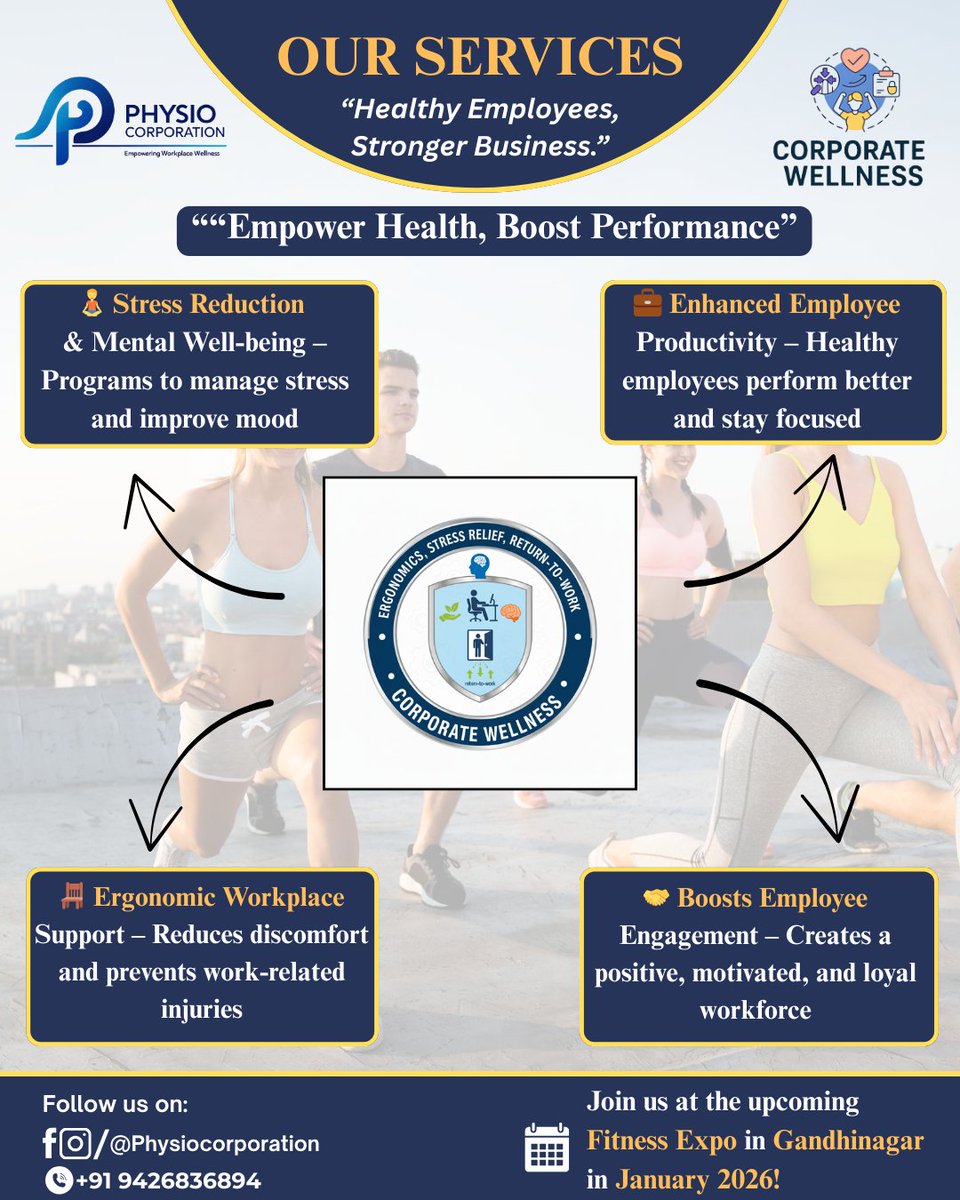 Introducing Corporate Wellness by Physio Corporation designed to reduce stress, boost employee productivity, improve workplace ergonomics, and create a healthier, happier, and engaged workforce for a stronger tomorrow.

#CorporateWellness#HealthyWorkplace#EmployeeWellbeing