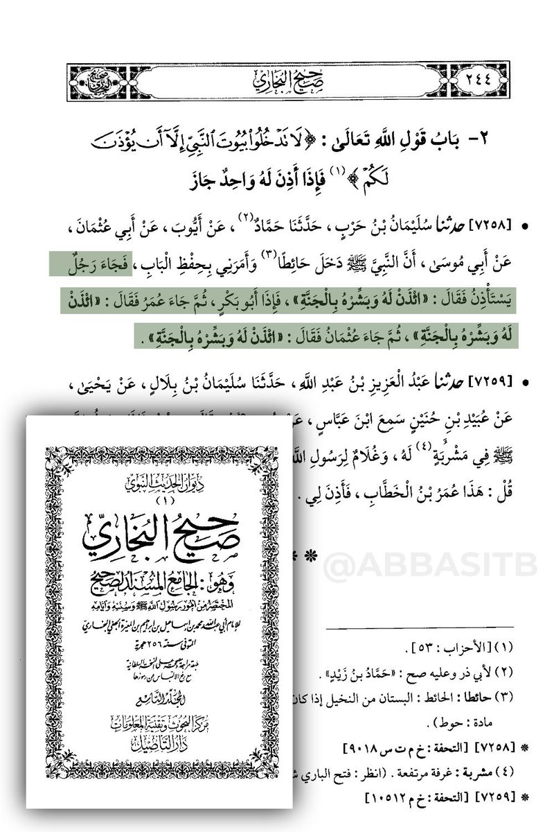 المبشرون بالجنة في صحيح البخاري هم ثلاثة فقط الذين خصهم رسول الله صلى الله عليه وسلم بالبشارة بالجنة وهم خير هذه الأمة بعد نبيها وهم أبو بكر ثم عمر ثم عثمان فقط لا غير

أما حديث العشرة المبشرين بالجنة ضعيف ولم يرد في صحيح البخاري اصح كتاب بعد كتاب الله