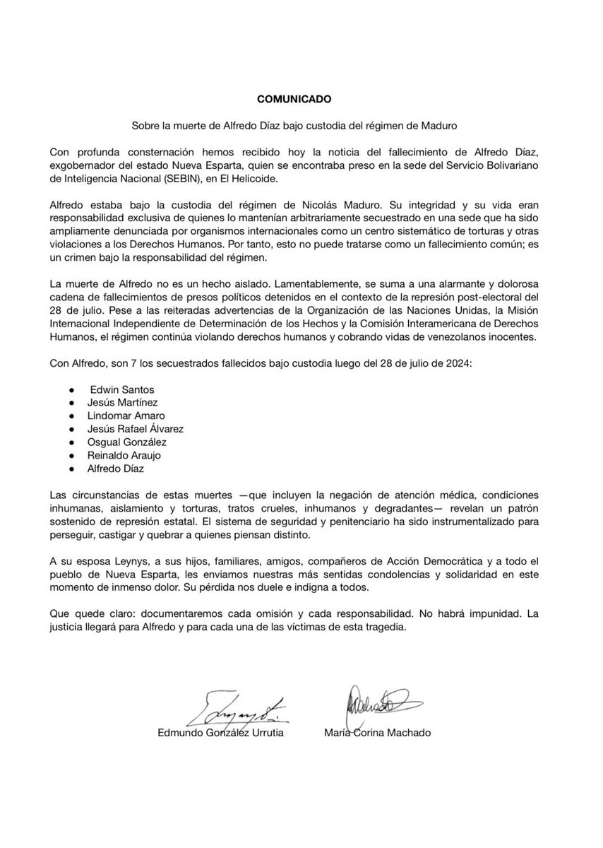 “Esto no puede tratarse como un fallecimiento común; es un crimen bajo la responsabilidad del régimen.”

Nuestro presidente electo <a href="/Edmundo/">Ed Conway</a> GU y nuestra Nobel de la Paz @MariaGorinaYA así lo denuncian. El ex gobernador Alfredo Díaz murió siendo inocente, aislado, sin atención