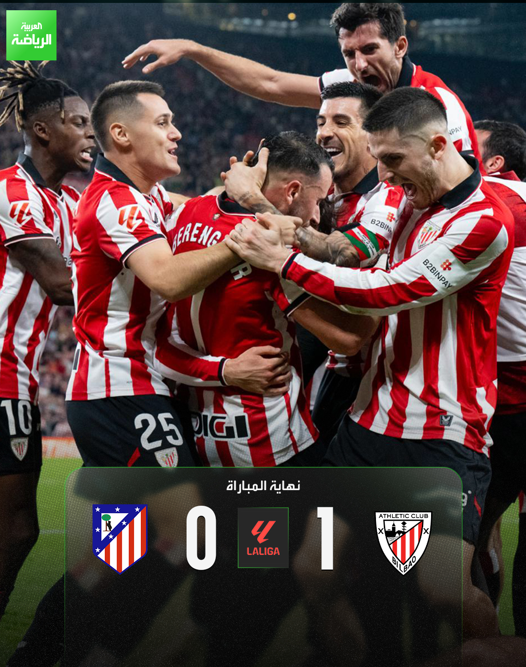 أتلتيك بلباو يتغلب على أتلتيكو مدريد بهدف في الدقائق الأخيرة. أتلتيك بلباو 1 (رونيرو) أتلتيكو مدريد 0. الدوري الإسباني. سان ماميس 