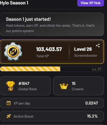 a_shapar's tweet photo. Hylo Season 0 ended, but don't worry cause Season 1 just started!
Here is the important info about it:
- S1 is more important that S0
- Crowns give you boosts. More crowns earned more boosts 
- S1 duration TBA, so keep earning those points https://t.co/grGoT6xUDK