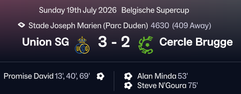 SeanAmblerFM24's tweet photo. 2026/27 - #BelgischeSupercup🇧🇪 WINNERS!! 🏆 (SEASON 1)
We win back to back #BelgianSupercup's with a 3-2 win against @cercleofficial. #PromiseDavid🇨🇦
@UnionStGilloise #FM26 #UnionStGilloise🇧🇪 #Belgium🇧🇪 #CercleBrugge🇧🇪 🟡 https://t.co/m9UIHo1jEu