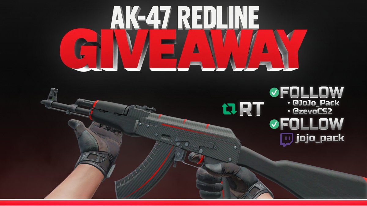 CS2 GIVEAWAY 🎁
[$45] AK-47 | Redline (FT) 🔥

🔁 Retweet
✅ Follow <a href="/JoJo_Pack/">JoJoPack</a> &amp; <a href="/zevoCS2/">zevoCS2</a>
✅ Follow twitch.tv/JoJo_Pack

⏰ Giveaway ends in 5 days! Good luck! 🍀
#CS2 #CS2Giveaway #BudapestMajor