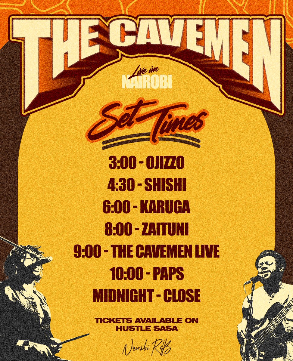 Wow, we can’t wait to give you all an incredible experience! Thank you <a href="/StayCavy/">The Cavemen.</a>, Karibu Kenya 🇰🇪 Tomorrow’s full line up and set times! Sssaawa!!! #thecavemen #cavyinthecity