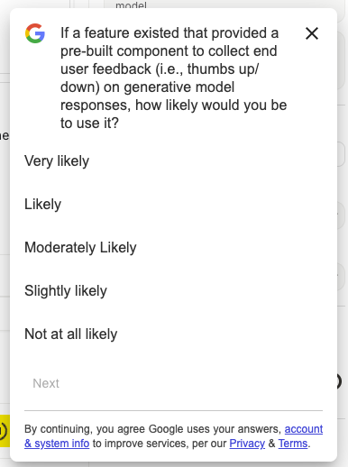 Getting a survey about Gen AI feedback tools while using a Gen AI tool seems awfully meta