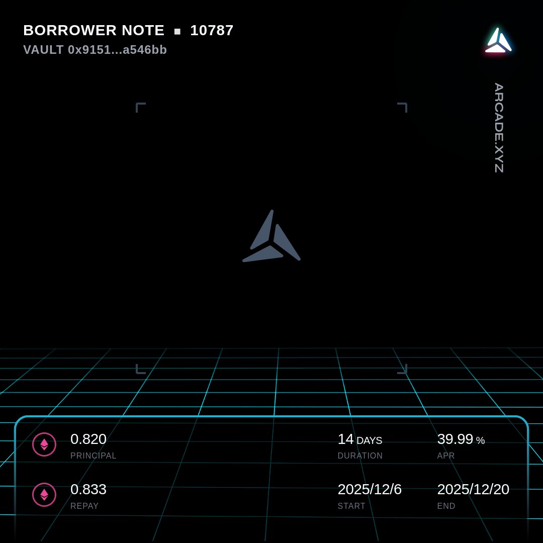 ArcadeAlert's tweet image. 🚨 Arcade.xyz NFT Loan Alert 🚨

New Loan Started on a Vault 

@Arcade_xyz - app.arcade.xyz/terms/loan/0x8…