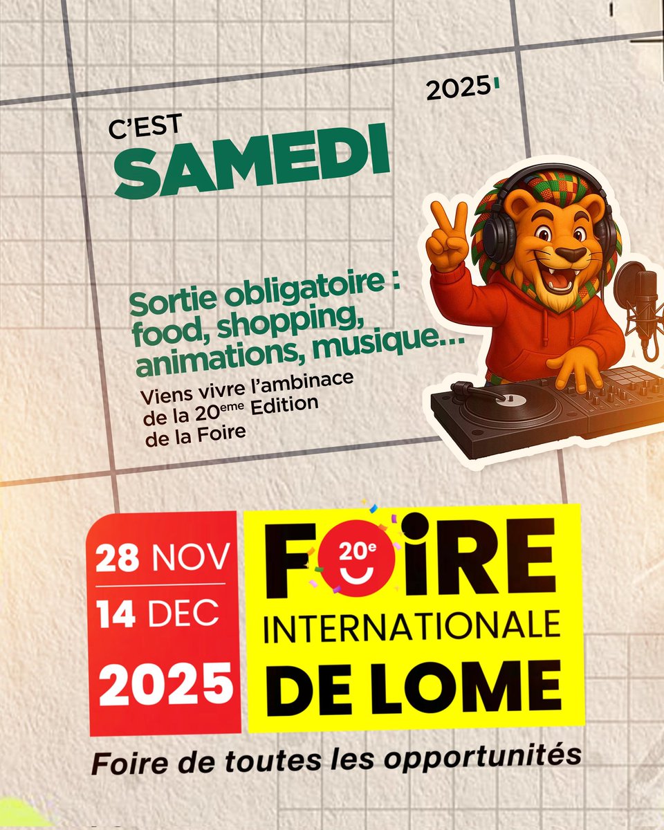 AmevorKoml49577's tweet photo. C’est samedi ! 🔥🎉
Sortie obligatoire : food, shopping, animations, musique…
Viens vivre l’ambiance de la 20ᵉ Édition de la Foire ! 🎪✨
#FIL2025 #FoireTogo2000 #SamediVibes #WeekEndDeFolie #miabéfoire https://t.co/kPaXbr2Y2q