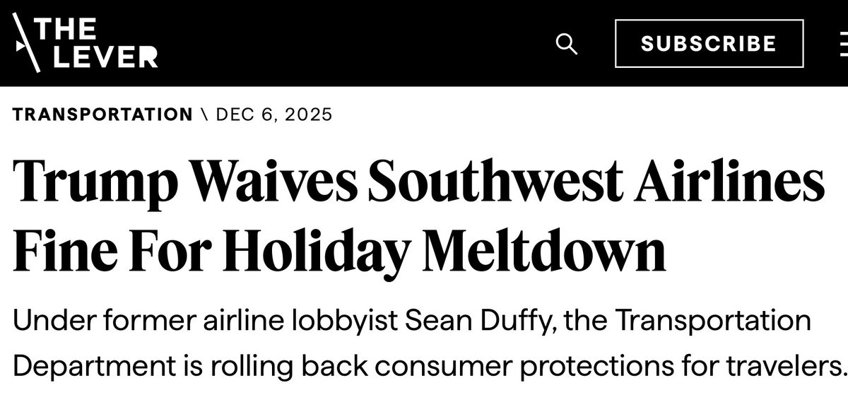 davidsirota's tweet photo. 🚨BREAKING: Trump is waiving remaining fines against Southwest for its holiday meltdown — and he’s shut down the government suit against the airline for “chronically delayed flights.”

The announcement came from the Transportation Dept, now run by fmr airline lobbyist @SecDuffy. https://t.co/WAQwFf8Kap