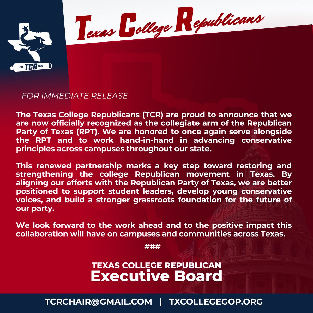 We are proud to announce that the Texas College Republicans are now the official collegiate arm of the Texas GOP.

We’re honored to stand alongside the Republican Party of Texas as we work to rebuild, strengthen, and lead the next generation of conservative voices across our