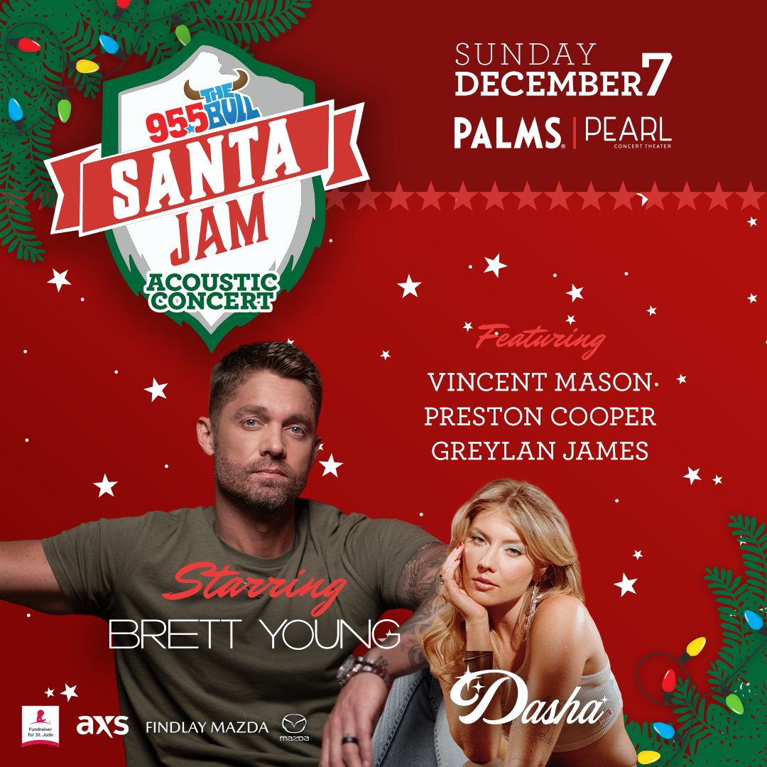 Palms's tweet photo. 🎅 One night only! @955thebull's Santa Jam brings @BrettYoungMusic, Dasha, Vincent Mason, Preston Cooper &amp; @greylanjames for an acoustic holiday celebration! 🎤

Did we mention there's an afterparty? 👀 → https://t.co/jRsmUfRqei

#SantaJam #PalmsLV https://t.co/clLXImbvkU