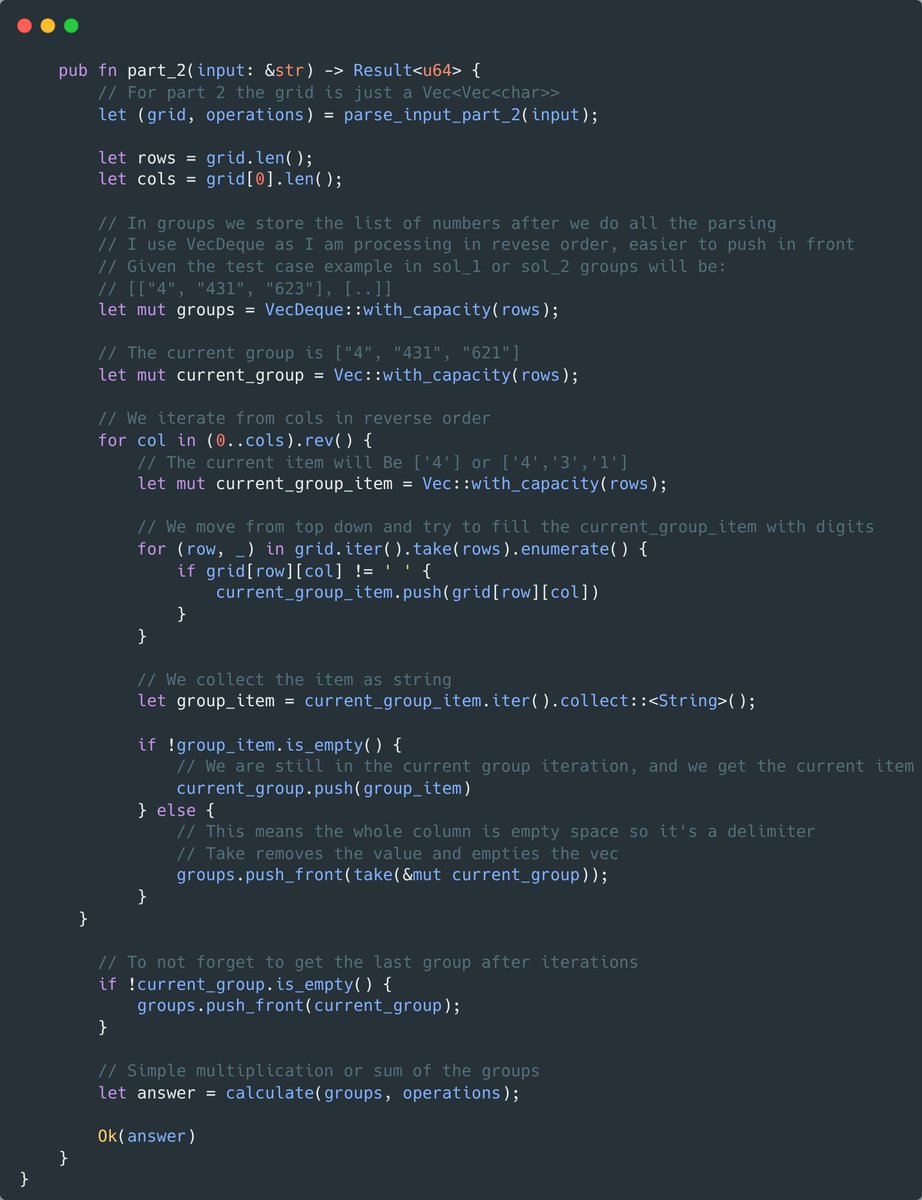 I've completed "Trash Compactor" - Day 6 - Advent of Code 2025 adventofcode.com/2025/day/6 #AdventOfCode 

Day 6: Trash Compactor
part 1 = 3968933219902 (130.86µs)
part 2 = 6019576291014 (194.19µs)

github.com/alxolr/rust_do…