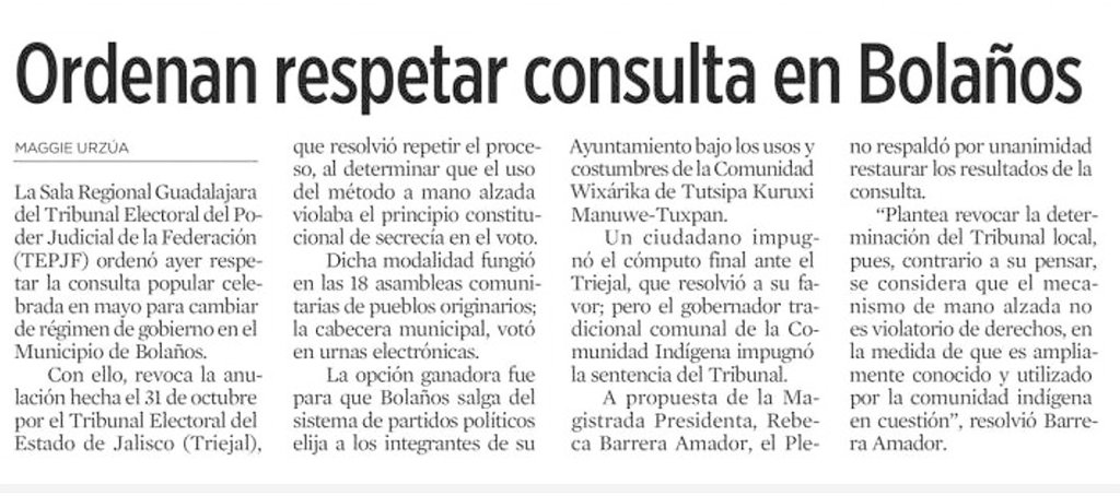 Recuerdan la #ConsultaPopular del <a href="/iepcjalisco/">IEPC Jalisco</a> donde el pueblo de Bolaños #Jalisco aprobó elegir autoridades por Usos y Costumbres en lugar de por partidos políticos?
Esa que el <a href="/Triejal_Jalisco/">Tribunal Electoral del Estado de Jalisco</a> había declarado inválida?
Pues el <a href="/TEPJF_GDL/">Sala Regional Guadalajara</a> corrige la plana y sigue vigente 👏🏻👏🏻👏🏻