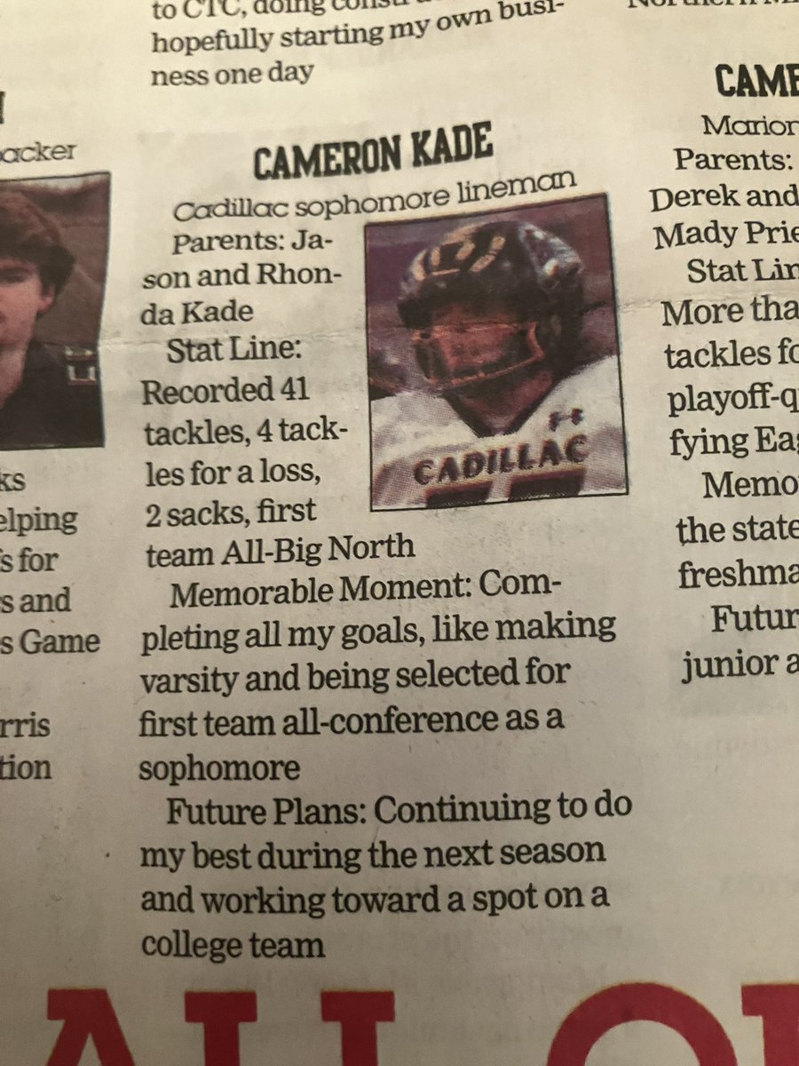 cameron_kade77's tweet photo. Very grateful to selected for All-AREA DREAM TEAM by the Cadillac news as a sophomore 

Tackles - 41 
Tackles for loss - 4 
Sacks - 2 https://t.co/H7QTSSJ0oa