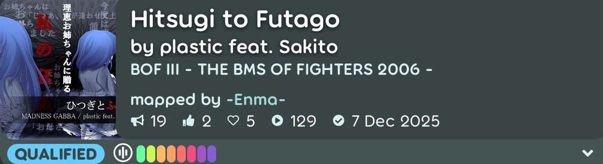 enmaa_uwu's tweet image. Hitsugi qualified! I want to thank you both, @wHydria and @Monosuel. This is my first 6* map, i also want to give special thanks to @PanDePipasDS, @dueloder, and @NikoSek_2. We all did an enormous amount of work, and I’m very proud of all of us! ♥️

osu.ppy.sh/beatmapsets/24…