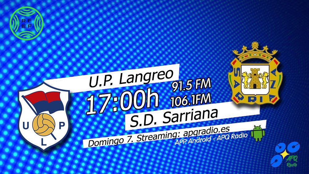 🔴HOY, EN LA BANQUETA DEPORTIVA🔴
🕔 17:00h (Previa desde las 16:45h)
🏟️ Ganzábal
⚽️ <a href="/UPLangreo/">UP Langreo ⚒</a> 🆚 <a href="/SDSarriana/">SD Sarriana</a> 
🎙️ <a href="/PacoGranda/">Paco Granda</a> | <a href="/Dani_Castelao/">Dani Castelao</a> 
📻 91.5 - 106.1FM Asturias
🖥️ apqradio.es
📱 bit.ly/3oFv0HI