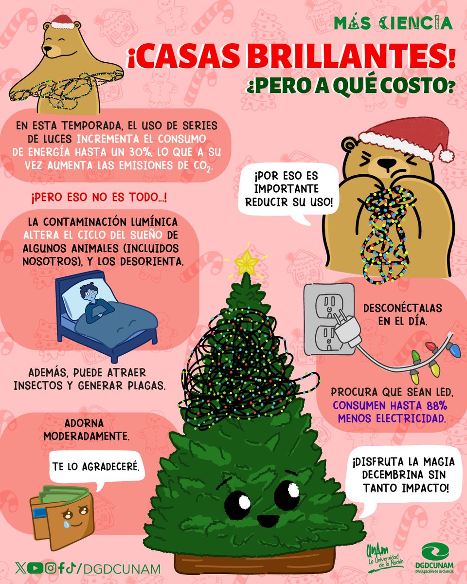 Las luces son bonitas, pero su impacto puede ser alto 🎄. La infografía de <a href="/DGDCUNAM/">Divulgación de la Ciencia, UNAM</a> considera ciertos aspectos para cuidar tu hogar y tu bolsillo al adornar 👇.