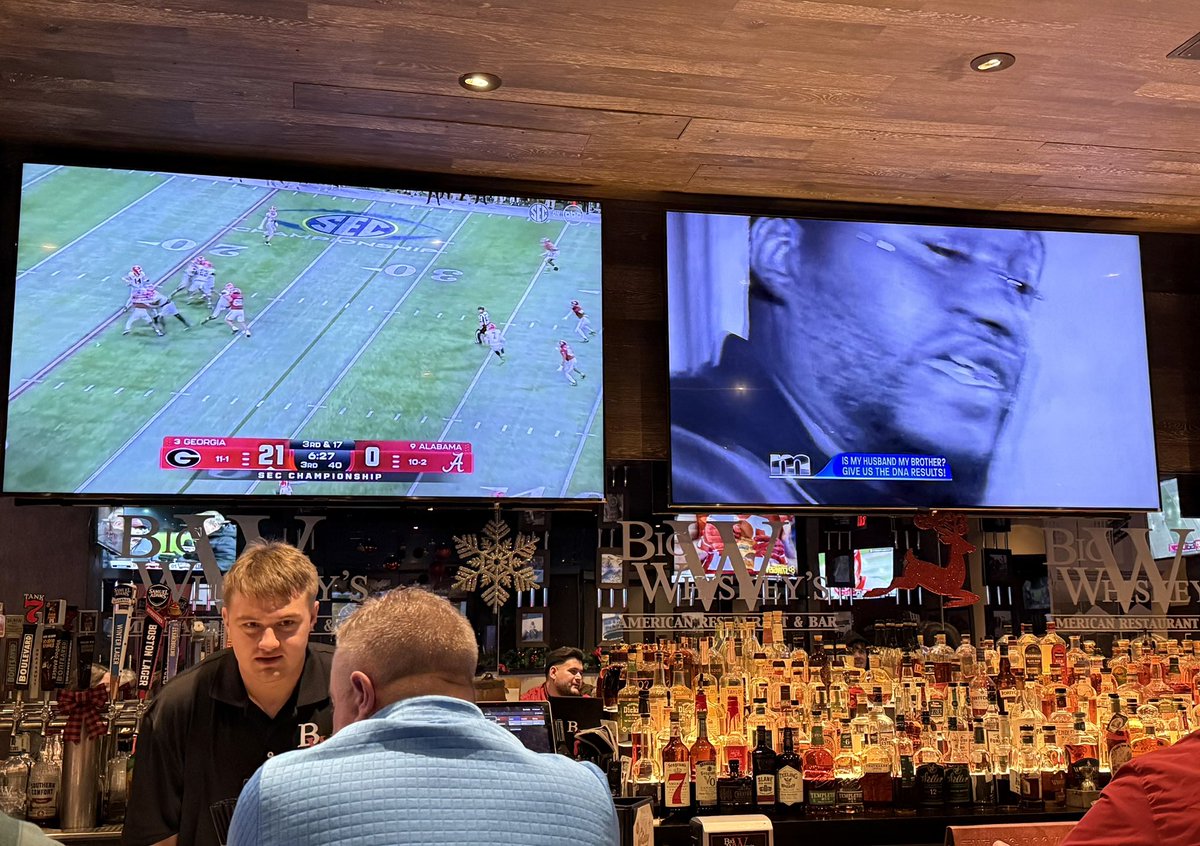 Interesting development going on at the bar. Georgia up 21-0 and “is my husband my brother?” on Maury. Either way, it doesn’t look good for Alabama.