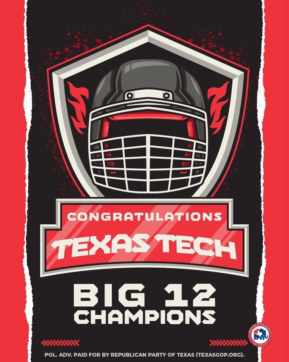 TexasGOP's tweet image. Congratulations to the Texas Tech Red Raiders — BIG 12 CHAMPIONS!
What a season. What a finish. West Texas pride on full display. Wreck ’Em!

@CreightonForTX