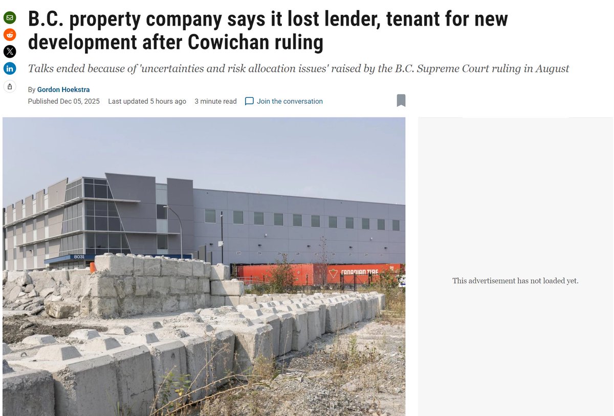🚨BREAKING -- COWICHAN FALLOUT SPREADS

$350 million commercial property development in British Columbia 

LOSES a construction lender

after a BC judge ruled that their fee simple property title would be subordinate to a new Aboriginal title.