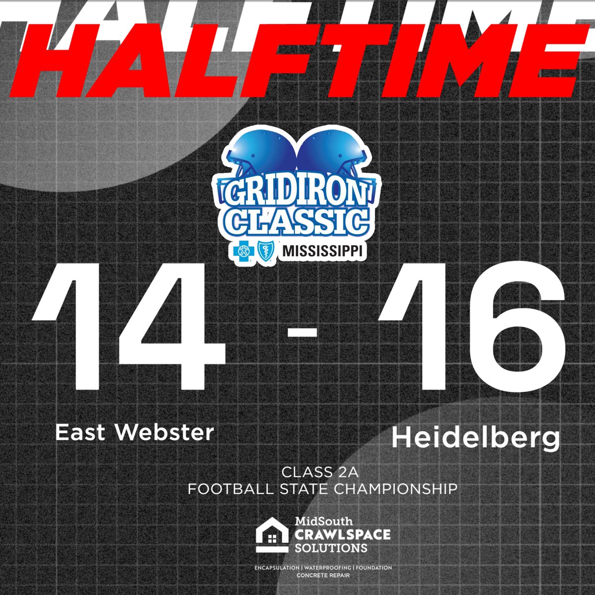 Halftime score update of the Class 2A State Championship game!