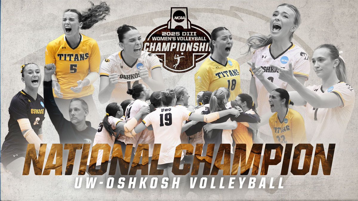 UWOshkoshTitans's tweet image. .@UWOVolleyball is your 2025 @NCAADIII Women's Volleyball Champion 🏐🥇 

The title is the 1st in program history and the 51st for UWO 🏆 

UWO did not drop a set across its 6 tournament wins 🔥

All-Tournament Team: Coon, Grier, Panasuk, Perlberg (MOP) ⚡ 

#GoldStandard | #d3vb