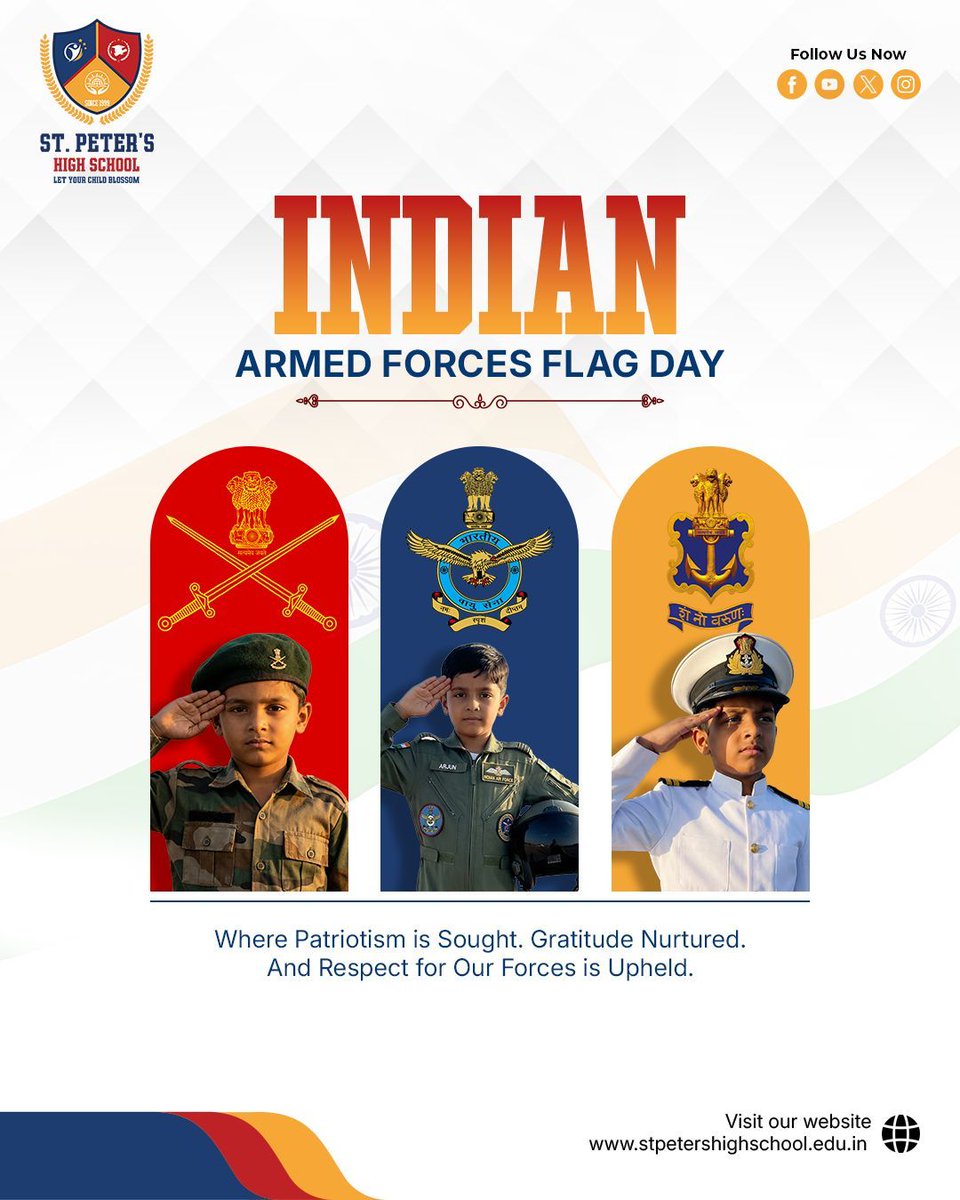 Honouring our heroes begins with understanding their sacrifices.

St. Peter’s helps children grow with that respect. 
Contact Us : +91 8555073254
Visit us on : stpetershighschool.edu.in

#ArmedForcesFlagDay #ProudIndian #SaluteToHeroes
#YoungIndians #TeachRespect #ValueEducation