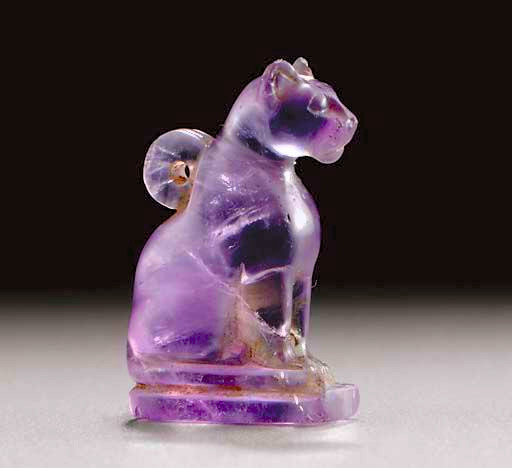 Ancient Egyptian amethyst pendant in the shape of a cat, approximately 664-30 BC.