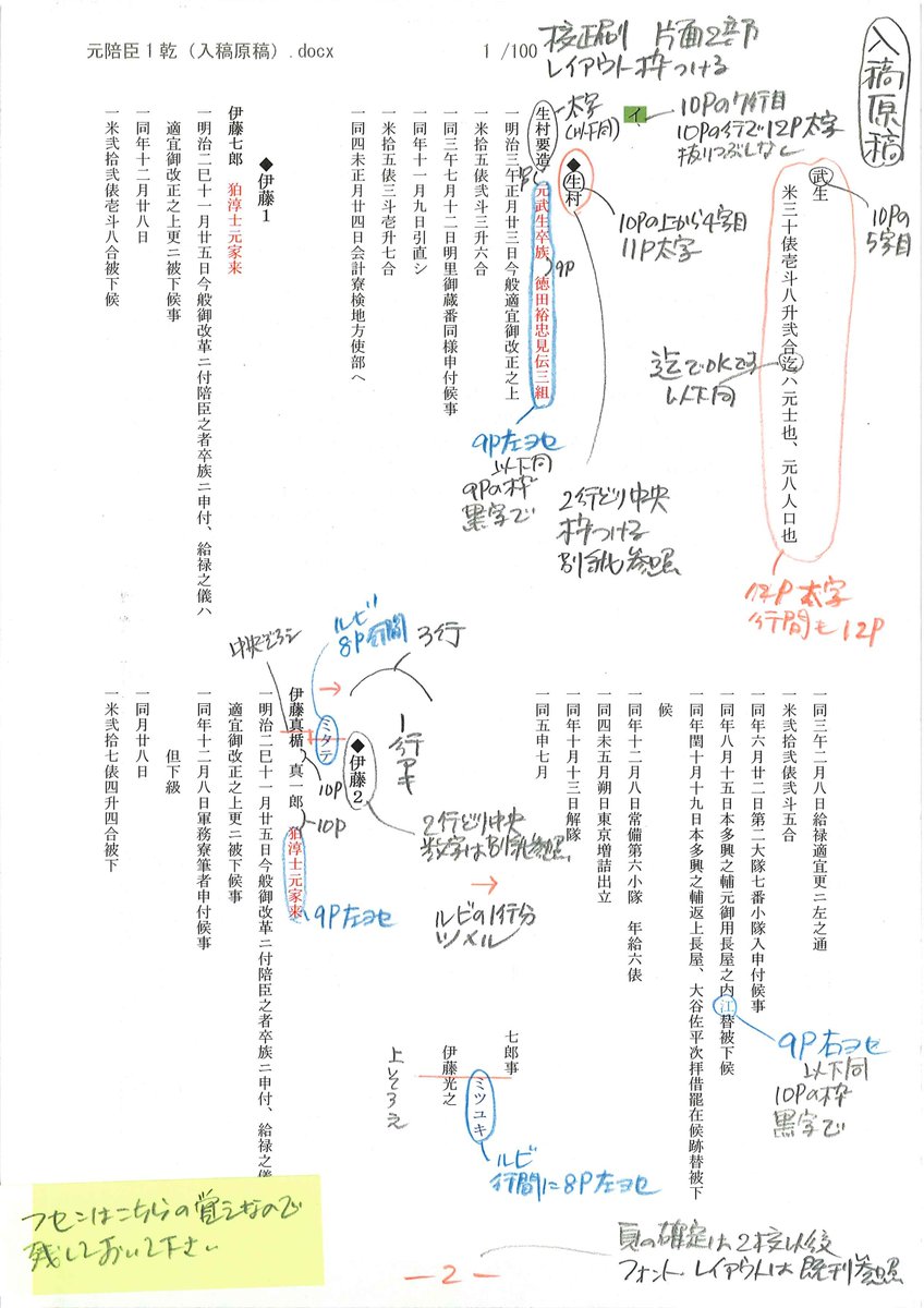 毎年発刊している福井藩士履歴（資料叢書）「元陪臣」の編集作業が始まり、入稿原稿を作っています。見やすくなるように編集上の細かい指示をたくさん書き込んでいます。発刊を楽しみにお待ちください！

#福井県文書館
#叢書
#福井藩士履歴