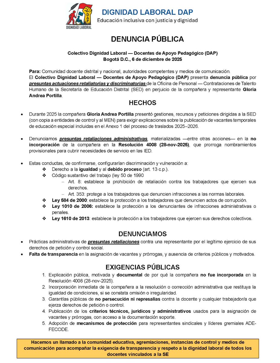 <a href="/IsabelSegoviaO/">Isabel Segovia O</a> Entonces a docente que usa control social y exigir garantías Docentes Apoyo Pedagógico activa en discusión política de inclusión <a href="/IsabelSegoviaO/">Isabel Segovia O</a> <a href="/arturocharria/">Arturo Charria Hernández</a> NO LE GARANTIZAN CONTINUIDAD EN EL CONTRATO 
En Bogotá si pasa!
Retaliación?
Persecución?
<a href="/MintrabajoCol/">MinTrabajo</a> <a href="/personeriabta/">Personería de Bogotá</a>