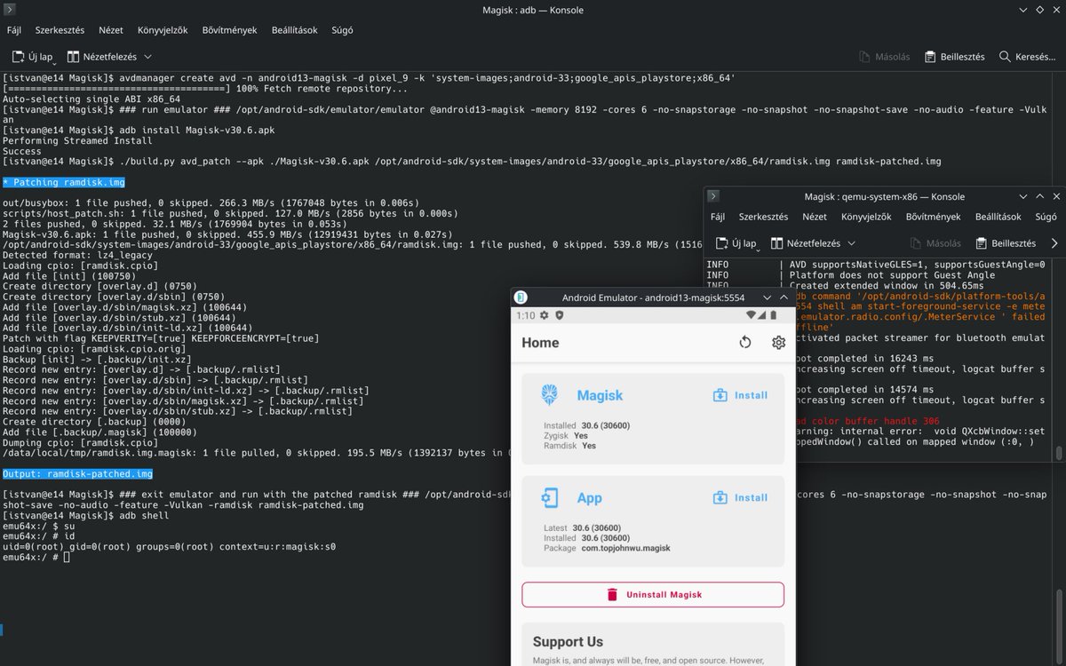 an0n_r0's tweet image. ok, installing Magisk and rooting the Android Emulator by applying custom crappy scripts is totally obsolete now.

it is simple and clean: just &quot;./build[.]py avd_patch&quot; from the official repo now. thanks @topjohnwu.