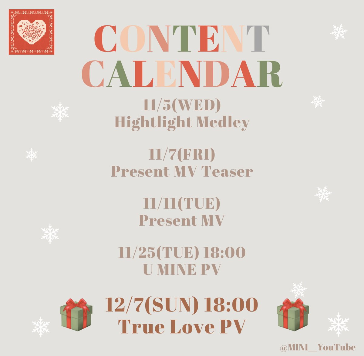 MINI__YouTube's tweet photo. ／
📣本日"THE WINTER MAGIC"コンテンツ公開
＼

本日18:00に『True Love PV』が公開されます🎉

YouTubeで公開されたら、高評価、コメント、シェアをしながら盛り上がりましょう‼️

優先再生動画は、
『Present MV』『True Love PV』に変更です💕

#INI @official__INI #INI_THE_WINTER_MAGIC https://t.co/ckrffFQBBW