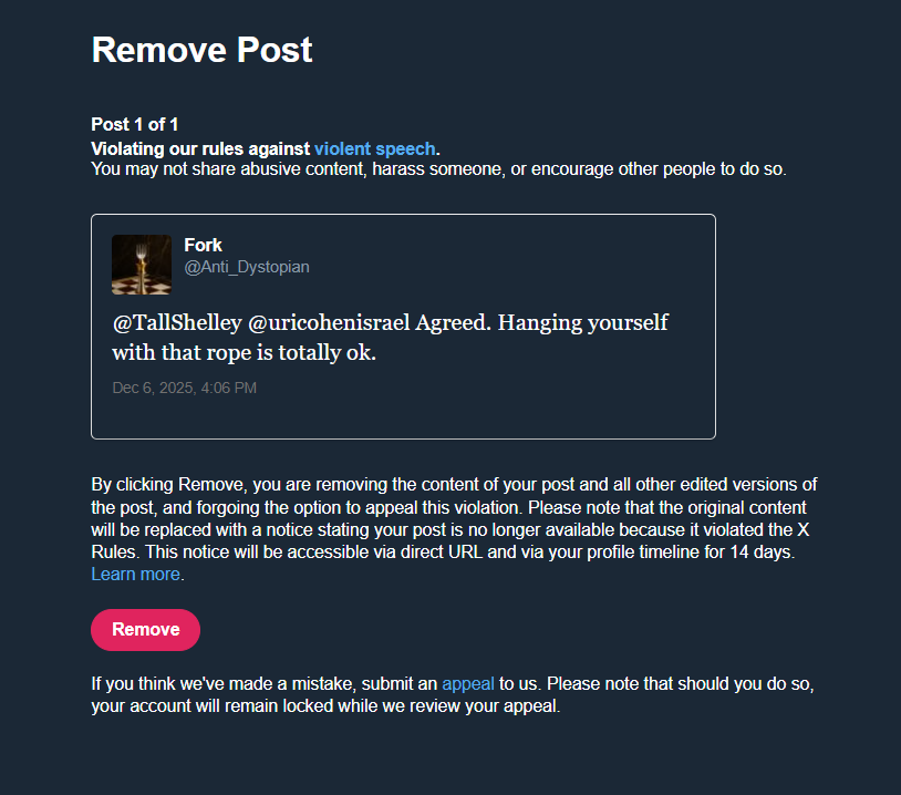 dumcoiner's tweet photo. If you looked at a thread of a guy being told that he had hung himself with his words, and then when he replied in kind he was told to delete his words and suffer 7 days of exile. You'd be forgiven for thinking there is no freedom of speach here. https://t.co/SLFL0BqUBS