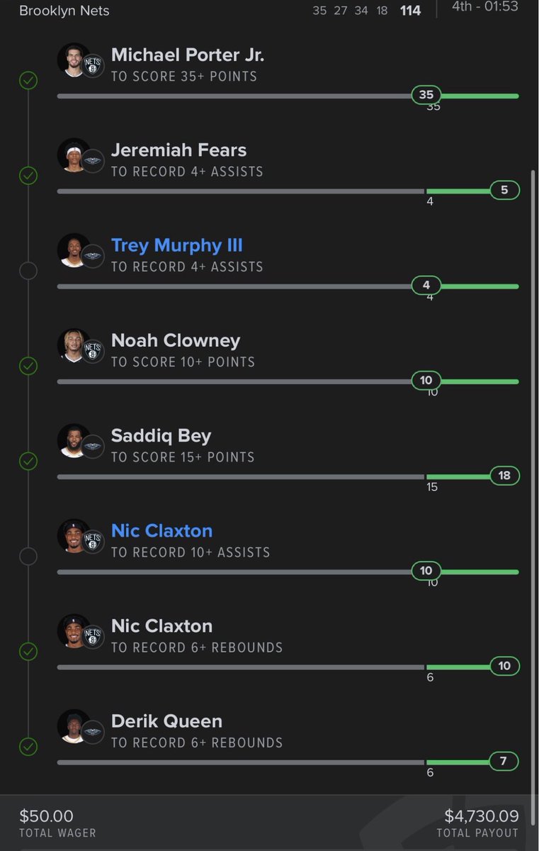 😈 Talk Yo Talk

WHO SAID I WAS DONE!?
$50 ➡️ $4,730.09 😤🔥

Claxton with the assists, MPJ locked in, everyone ATE.
This one wasn’t luck… this was calculated.

🖊️ Parlay written by 👨‍🍳 
💰 Parlay cashed.
😎 On to the next.

#BetSmart #WeCollect #NeverFold