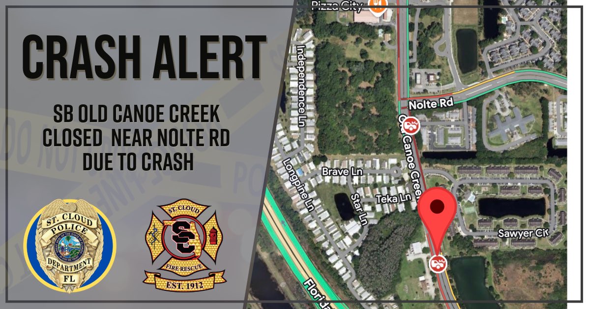 stcloudfire's tweet image. CRASH ALERT

Southbound lanes of Old Canoe Creek Road are closed due to a fatal crash involving a vehicle vs scooter. Southbound traffic is being diverted onto Nolte Road at this time while the crash is investigated.

Updates to follow.