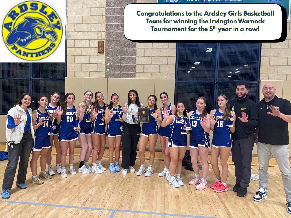GirlsHoopsAHS's tweet photo. For the 5th year in a row the Ardsley Girls Basketball Team have taken home the Irvington Warnock Championship! 

Congrats girls on your 35-32 victory against Irvington 👏👏

Madison Bortstein - 17
Lily Tiernan - 9
Dylan Paley - 6
Morgan Macri - 2
Whitney Butler - 1

Tough 2nd half team defense led the way! 

@KDJmedia1 @ArdsleyPanthers