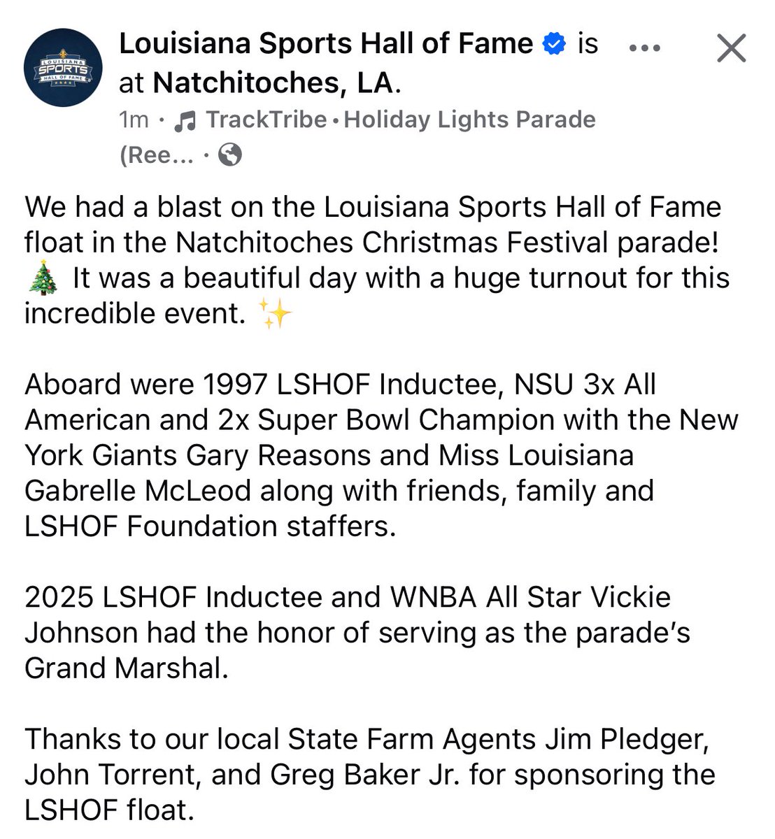 LaSportsHall's tweet image. We had a blast on the Louisiana Sports Hall of Fame float in the Natchitoches Christmas Festival parade! 🎄 It was a beautiful day with a huge turnout for this incredible event. ✨ 

#natchitocheschristmasfestival #natchitoches