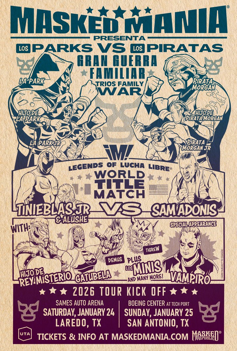 Familia MR’s <a href="/MrIguana/">Mr. Iguana</a> is in action tonight in San Antonio at #NXTDeadline at <a href="/BoeingCenterSA/">Boeing Center at Tech Port</a>. If you want a FULL card of authentic lucha libre Mexicana - don’t miss <a href="/maskedmanialive/">maskedmanialive</a> when it arrives at <a href="/BoeingCenterSA/">Boeing Center at Tech Port</a> on Jan 25th featuring <a href="/vampiro_vampiro/">vampiro canadiense</a> <a href="/laparktapia/">adolfo tapia ibarra</a>