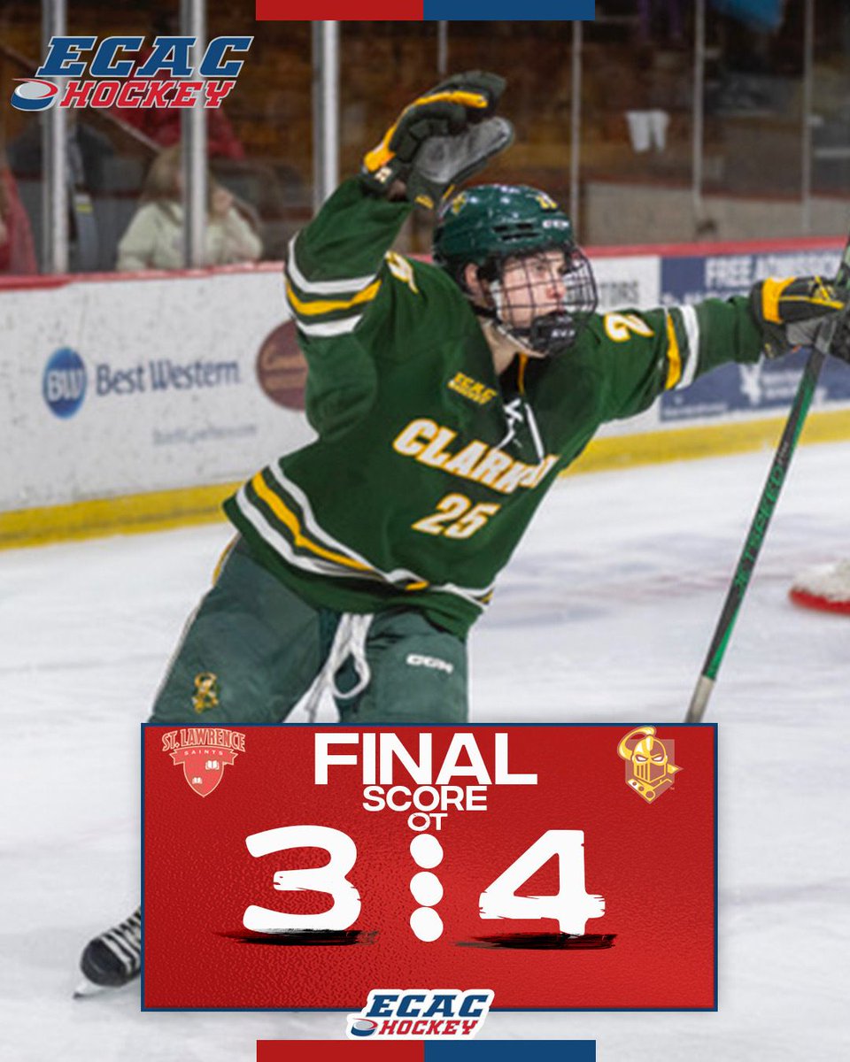 <a href="/BrownU_WHockey/">Brown Women's Hockey</a> <a href="/YaleWHockey/">Yale Women’s Hockey</a> Clarkson started the scoring and ended it, rallying to tie things up and secure the 4–3 OT win over St. Lawrence! 🚨⚡️ <a href="/ClarksonWHockey/">Clarkson Womens Hockey</a> <a href="/SLU_whockey/">St. Lawrence Women's Hockey</a> 

#ECACHockey